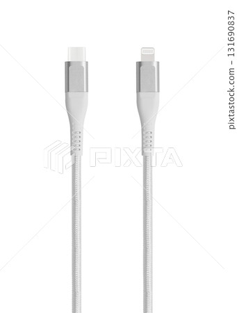 White cable for charging and synchronization with Type - C, USB, Micro USB, Lightning connectors on a white background 131690837