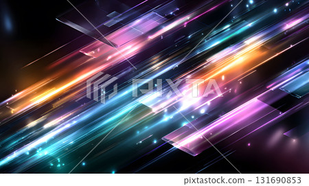 Futuristic neon lines and geometric shapes over a dark background. 131690853