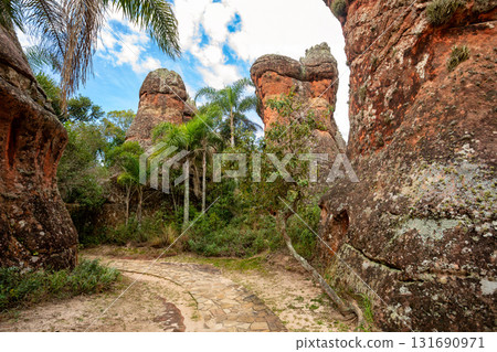 Sandstone rock formations and rugged landscape, Vila Velha State Park, Itaiacoca, Ponta Grosa Brazil. 131690971