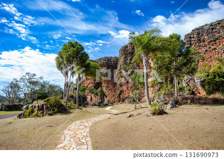 Sandstone rock formations and rugged landscape, Vila Velha State Park, Itaiacoca, Ponta Grosa Brazil. 131690973