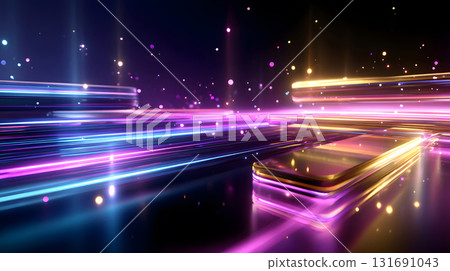 Futuristic neon lines and geometric shapes over a dark background. 131691043