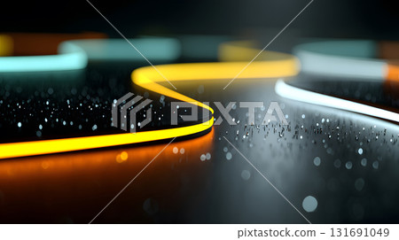 Futuristic neon lines and geometric shapes over a dark background. 131691049