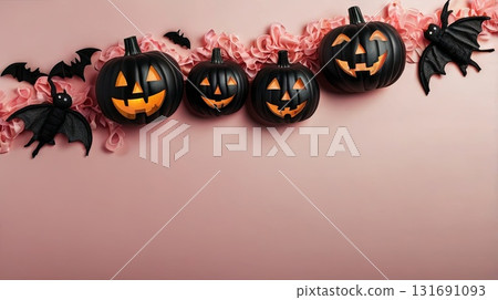 A stylish Halloween composition featuring black pumpkins, bats, and cobwebs on a soft pink background. A modern, spooky holiday backdrop with room for text. 131691093