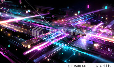 Futuristic neon lines and geometric shapes over a dark background. 131691110