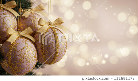 Handmade Christmas baubles with gold embroidery and silk ribbon bows, a luxurious DIY holiday craft and decor concept. Handmade Christmas baubles with gold embroidery and silk ribbon bows, a luxurious DIY holiday craft and decor concept. 131691172