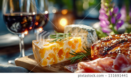 Gourmet cheese board with grapes, bread, ham, and wine glasses under warm candlelight creating a cozy dining mood 131691441