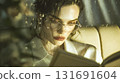Woman Reading in a Car on a Rainy Day. A woman wearing glasses reads a book inside a car, with raindrops visible on the window This is AI-generated item 131691604