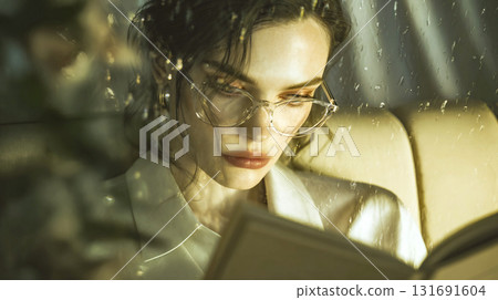 Woman Reading in a Car on a Rainy Day. A woman wearing glasses reads a book inside a car, with raindrops visible on the window This is AI-generated item 131691604
