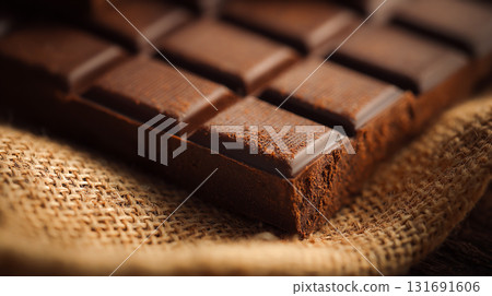 Close-up of a delicious dark chocolate bar dusted with cocoa powder. A close-up shot showcases a rich, dark chocolate bar, partially dusted with cocoa powder This is AI-generated item 131691606