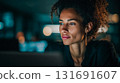 Thoughtful woman gazing with a focused expression. A professional office worker lit by soft light, looking off-camera with a contemplative expression. This is AI-generated item 131691607