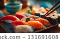 Delicious sushi platter with chopsticks ready to eat. A close-up shot of traditional Asian food with various types of sushi, including nigiri and maki rolls, chirashi sushi.This is AI-generated item 131691608