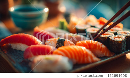 Delicious sushi platter with chopsticks ready to eat. A close-up shot of traditional Asian food with various types of sushi, including nigiri and maki rolls, chirashi sushi.This is AI-generated item 131691608