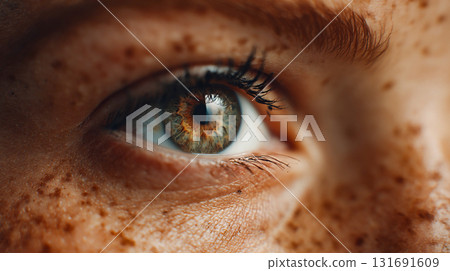 Close-up female eye with striking details and freckled skin. A macro shot showcases a human eye with a mesmerizing blend of colors, emphasizing the intricate  iris This is AI-generated item 131691609