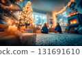 Family Christmas evening, glowing tree, festive lights, cozy fireplace and children playing at home holiday celebration Blurred silhouettes of the people New Year tree at night This is AI-generated it 131691610