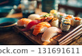 Delicious sushi platter with chopsticks ready to eat. A close-up shot of traditional Asian food with various types of sushi, including nigiri and maki rolls, chirashi sushi. This is AI-generated item 131691611
