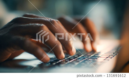 Hands typing on a laptop keyboard. Close-up shot of Afro American person's hands typing on a laptop keyboard, with a shallow depth of field. The fingers and the computer keyboard. This is AI-generated 131691612