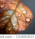 Close-up of a leaf covered in water droplets. A macro shot captures the intricate details of a leaf, showcasing the delicate water droplets clinging to its surface This is AI-generated item 131691613