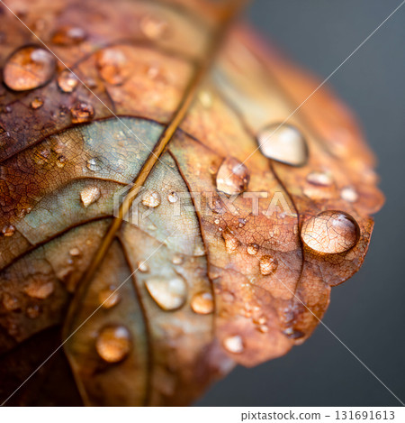 Close-up of a leaf covered in water droplets. A macro shot captures the intricate details of a leaf, showcasing the delicate water droplets clinging to its surface This is AI-generated item 131691613
