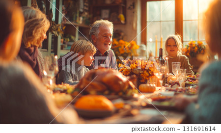 Family gathered for Thanksgiving celebration.This is AI-generated item 131691614
