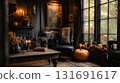 Moody vintage Halloween interior with pumpkins, candles and autumn decorations in cozy dark living room with rustic charm and black walls. Orange Jack o'lantern pumpkin  This is AI-generated item 131691617