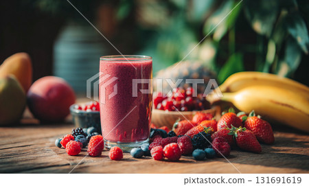 Delicious strawberry smoothie drink with fresh fruits on a rustic wooden kitchen table. A vibrant berry drink is surrounded by an assortment of fresh fruits This is AI-generated item 131691619