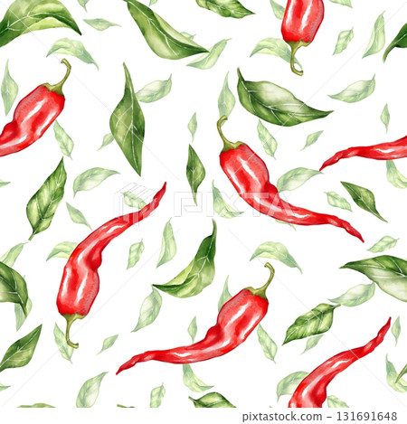 Hand-drawn illustration of a seamless pattern with red chili peppers and green leaves scattered on a white background. Hand-drawn illustration of a seamless pattern with red chili peppers and green leaves scattered on a white background. 131691648