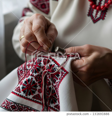 Elderly Woman Embroidering a Traditional Ukrainian Vyshyvanka 131691666
