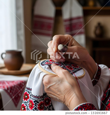 Elderly Woman Embroidering a Traditional Ukrainian Vyshyvanka Elderly Woman Embroidering a Traditional Ukrainian Vyshyvanka 131691667