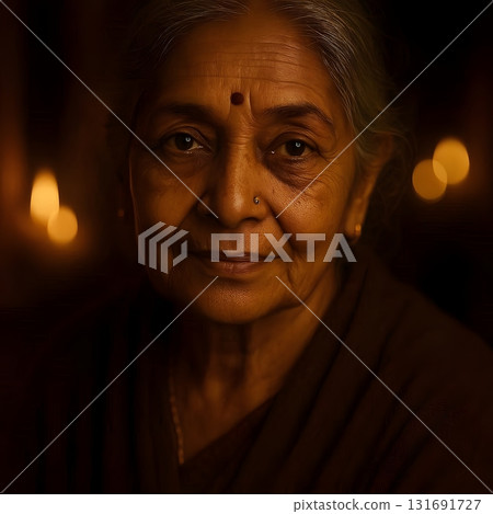 Cinematic close-up portrait of elderly indian woman illuminated by warm candlelight in dark cozy room 131691727