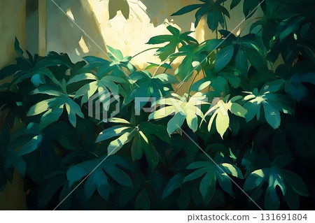 Lush Green Leaves Illuminated by Sunlight, Creating a Dramatic C 131691804