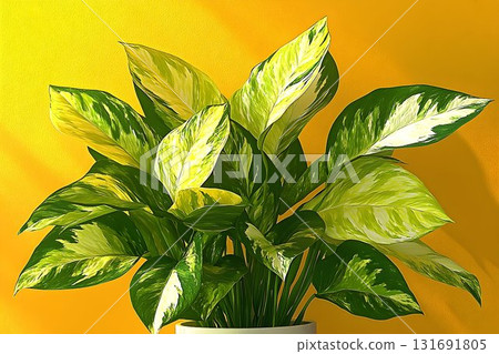 Vibrant Golden Pothos Plant Against Yellow Wall 131691805