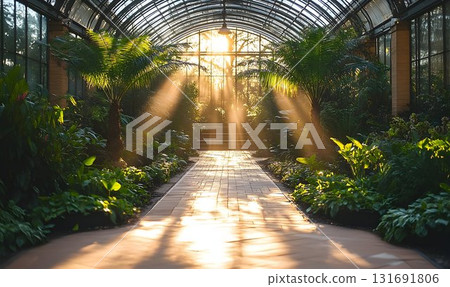 Sunlit Rays Illuminate Lush Greenhouse Pathway with Palm Trees a Sunlit Rays Illuminate Lush Greenhouse Pathway with Palm Trees a 131691806