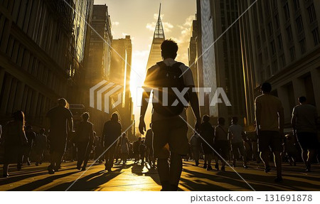Golden Hour Commute: Silhouetted Figures Walk Through a Sunlit C 131691878