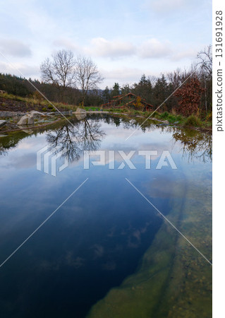 Natural swimming pond or pool, NSP, purifying water without chemicals through biological filters and plants, autumn day 131691928