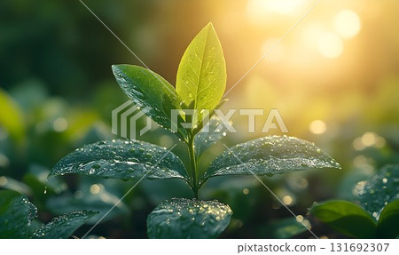 Dew-Kissed Leaves Illuminated by Golden Sunlight in a Lush Garde Dew-Kissed Leaves Illuminated by Golden Sunlight in a Lush Garde 131692307