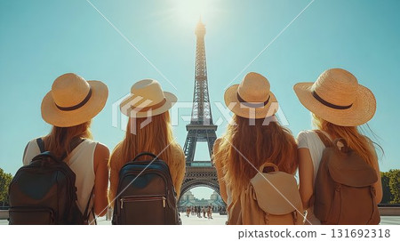 Back View of Four Tourists Admiring Eiffel Tower Under Bright Su Back View of Four Tourists Admiring Eiffel Tower Under Bright Su 131692318