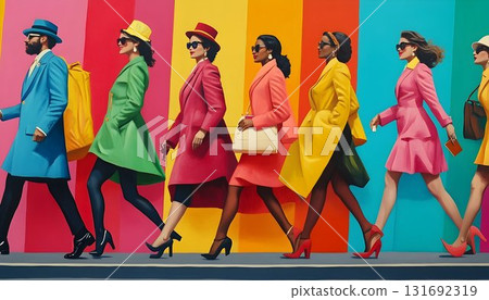 Stylish Group in Colorful Coats Walking Against a Striped Backgr Stylish Group in Colorful Coats Walking Against a Striped Backgr 131692319