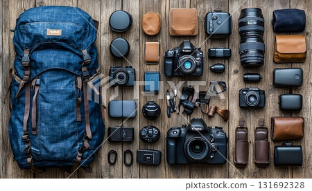 Photography Gear Flat Lay: Backpack, Cameras, Lenses, and Access 131692328