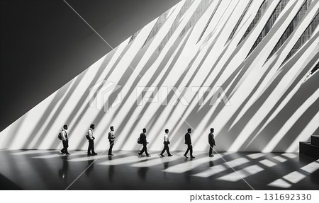 Architectural Shadows and Silhouetted Figures Walking in Modern Architectural Shadows and Silhouetted Figures Walking in Modern 131692330