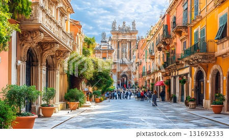 Ornate Gateway and Colorful Buildings in a Bustling Italian City 131692333