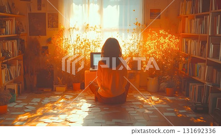 Woman working on laptop amidst sunlit room filled with plants an Woman working on laptop amidst sunlit room filled with plants an 131692336