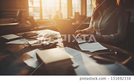 Woman typing on laptop amidst paperwork in sunlit office, creati Woman typing on laptop amidst paperwork in sunlit office, creati 131692338