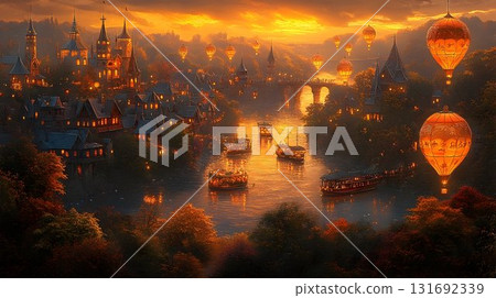 Golden Hour Over Fairytale Town: Boats, Balloons, and Illuminate Golden Hour Over Fairytale Town: Boats, Balloons, and Illuminate 131692339