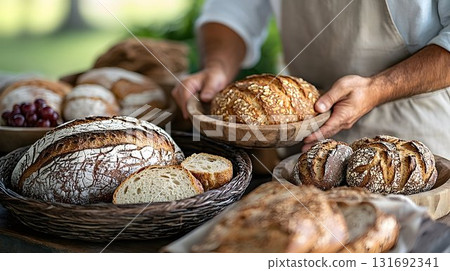 Rustic Artisan Bread Display with Baker Holding Seeded Loaf in W 131692341