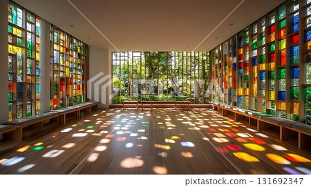 Colorful Light Streaks Across Wooden Floor in Modern Chapel with Colorful Light Streaks Across Wooden Floor in Modern Chapel with 131692347