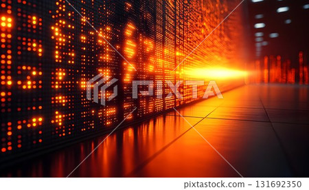 Abstract Data Stream: Glowing Orange Dots on a Dark Grid with Li Abstract Data Stream: Glowing Orange Dots on a Dark Grid with Li 131692350