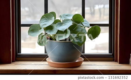 Pilea peperomioides in a blue pot on a wooden windowsill against 131692352