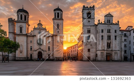 Golden Sunset Illuminates Historic Church and Buildings in Europ Golden Sunset Illuminates Historic Church and Buildings in Europ 131692363