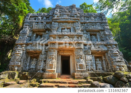 Ancient Mayan Temple's Intricate Stone Carvings and Lush Green S Ancient Mayan Temple's Intricate Stone Carvings and Lush Green S 131692367
