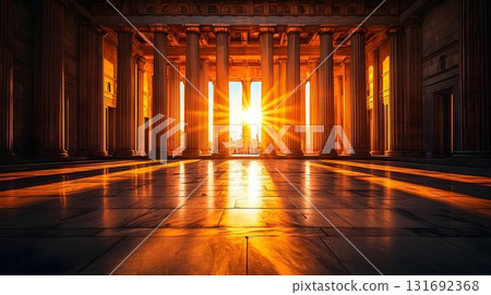 Sunburst Through Columns: A Golden Glimpse of Architectural Gran 131692368